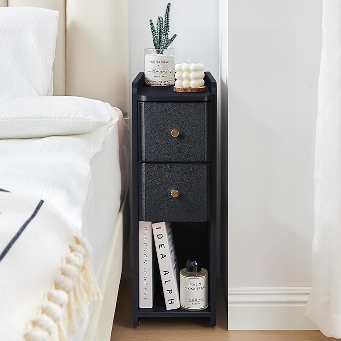 Narrow End Table Bedroom, Wooden Small 2 Drawer Nightstand, Thin Couch Side End Table, Skinny Bedside Table Small Spaces, Mid Century Modern Night Stand with Drawers (Black-1 pc)