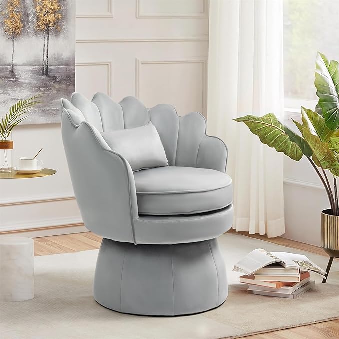 360° Swivel Accent Chair, Mid-Century Modern Velvet Barrel Chair, Comfy Shell Shape Arm Chair with Lumbar Pillow for Living Room, Bedroom, Office, Grey