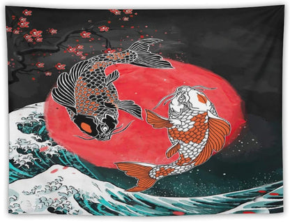 Houselerax Koi Fish Tapestries,Japanese Style Yin Yang Big Wave Cherry Blossoms Tapestry Wall Hanging for Bedroom Living Room Office Decor 40"x30"