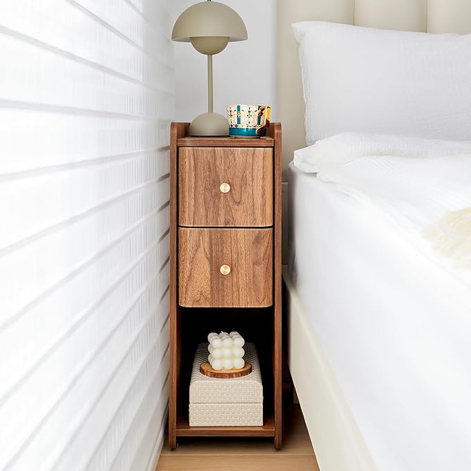 Narrow Nightstand Set of 2, Wooden Small 2 Drawer Nightstand, Slim Side End Table, Skinny Bedside Table, Mid Century Modern Night Stand with Drawers, for Bedroom (Walnut-2pcs)