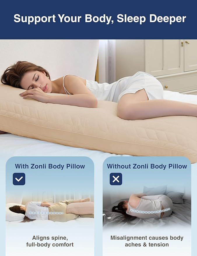 ZonLi Memory Foam Body Pillow for Adults, Long Pillow for Bed, Firm Body Pillow for Side Sleeper, Elegant Quilted Full Length Body Pillows Large -20x54 inch, Khaki