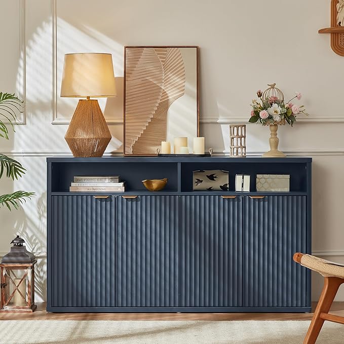 LEYAOYAO Fluted Buffet Cabinet with Storage, 55" Wide Wood Sideboard Credenza with 4 Doors & Open Storage Shelf, Modern Kitchen Console Accent Cabinets, Coffee Bar Table for Dining Room, Dark Blue