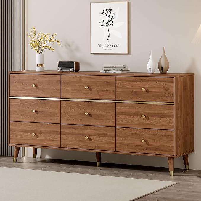9 Drawer Dresser,63" Wide Mid Century Modern Chest of Drawers,Wooden Bedroom Drawer Dresser with 9 Storage Drawers for Bedroom, Living Room,with Anti-Tipping Device,Walnuts