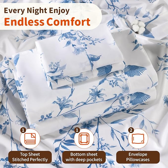 LBRO2M 1000 Thread Count Sheets 100% Egyptian Cotton Bedding Set Floral Queen Size Sheets 16 Inches Deep Pocket Bedding 4 Piece Sets (Queen, Blue Bird)