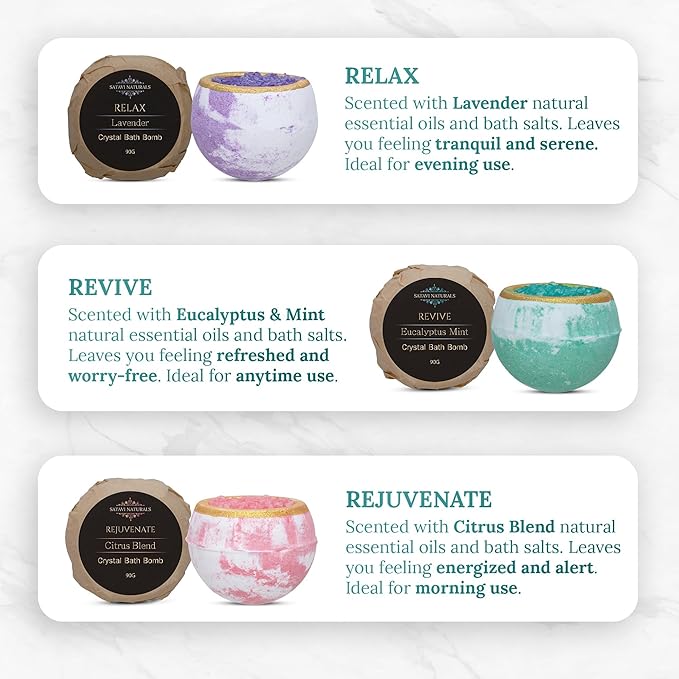 Crystal Bath Bombs Gift Set (6 Pack) – Luxurious Aromatherapy Bath Bombs with Nourishing Bath Salts | Lavender, Eucalyptus Mint & Citrus Blend | Spa Relaxation & Self Care Gifts for Women