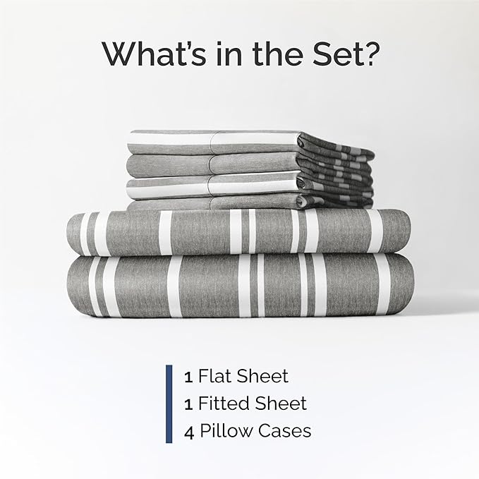 King 6 Piece Sheet Set - Cooling, Comfy & Breathable - Hotel Luxury Bedding, Includes Fitted Sheet for Women, Men, Kids & Teens - 1 Flat, 1 Fitted Sheet, 4 Pillowcases w/Deep Pockets - Grey Stripes