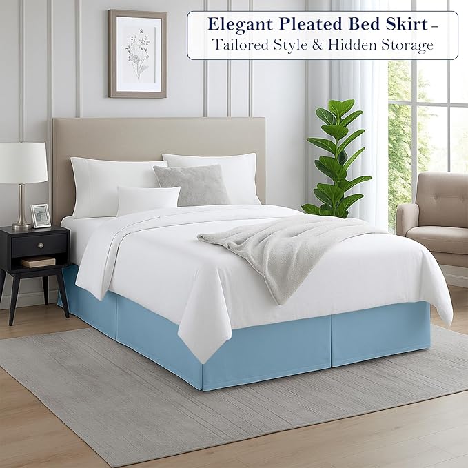 Full Bed Skirt, Luxury 12 Inch Drop Light Blue Pleated Bed Skirt, Double Brushed Microfiber, Box Pleat Design, Wrinkle & Fade Resistant, Easy Fit Tailored Bedskirt for Full Size Beds