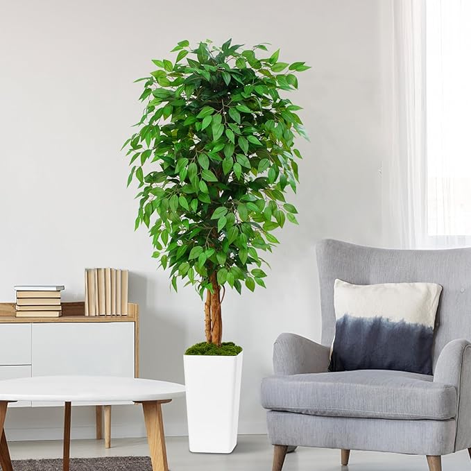 6ft Ficus Artificial Tree with 3 Natural Curved Trunks, 74" Tall Lush Faux Tree for Home Decor Indoor, Green Lifelike Fake Ficus Tree with White Planter Pot