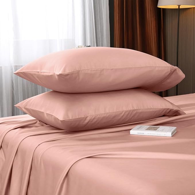 Queen Sheets, Rayon Derived from Bamboo, Cooling Bed Sheets Set,Deep Pocket Up to 16", 4 Pieces Silky Soft, Breathable Bedding Sheets & Pillowcases(Pink,Queen)