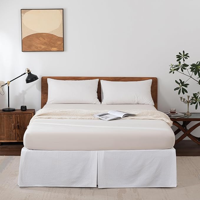 King Bed Skirt, Wrap Around Bed Skirt with Pleated Corner, 14 Inch Drop Pleated Waffle Weave Bedskirts, Anti-Slip, Microfiber, White, 14'' King