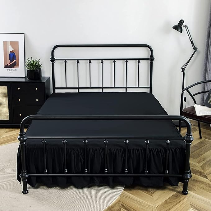 Bed Skirt Twin Size Ruffled Bed Skirt with Split Corners, 16 Inch Drop Dust Ruffle Bed Skirt with Platform, Black, Twin - 16" Drop