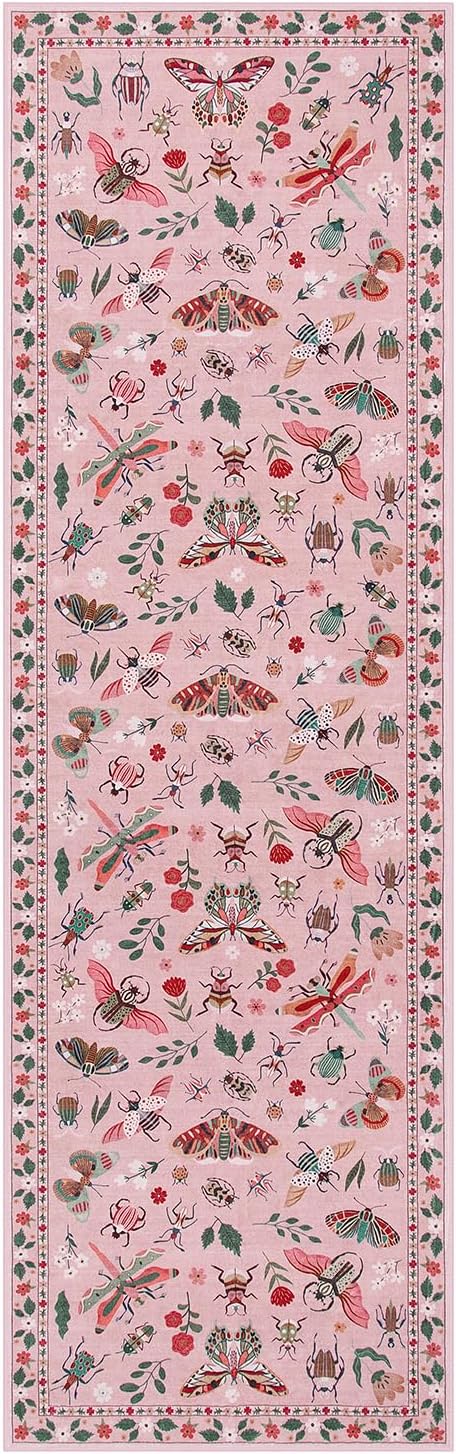 Lahome Insect Hallway Runner Rug, 2'5''x8' Ultra-Thin Washable Runners for Hallways Kitchen, Soft Laundry Room Rug Non-Slip Long Carpet for Entryway Bedroom Bathroom, Pink