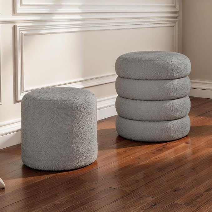 Round Set of 2 Sherpa Storage Ottoman Stool Boucle Vanity Stool Footstool with Removeable lid Load up to 440 lbs for Livingroom Bedroom Gray UASND68G