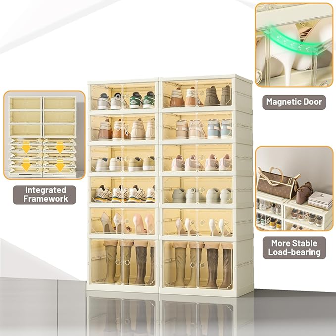 6 Tiers Foldable Shoe Rack Organizer for Closet with Wheels, 24Pairs Plastic Collapsible Shoe Shelf for Front Door Entrance Stackable Clear Folding Shoes Storage Boxes Tall Shoe Cabinet