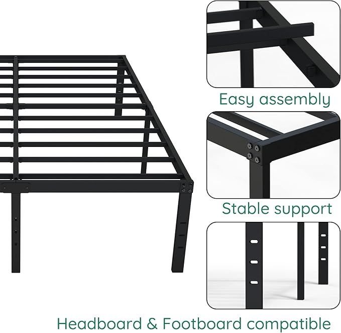 18 Inch Queen Bed Frame Heavy Duty Metal Platform No Box Spring Needed, Maximum Storage, Easy Assembly, Noise Free, Black