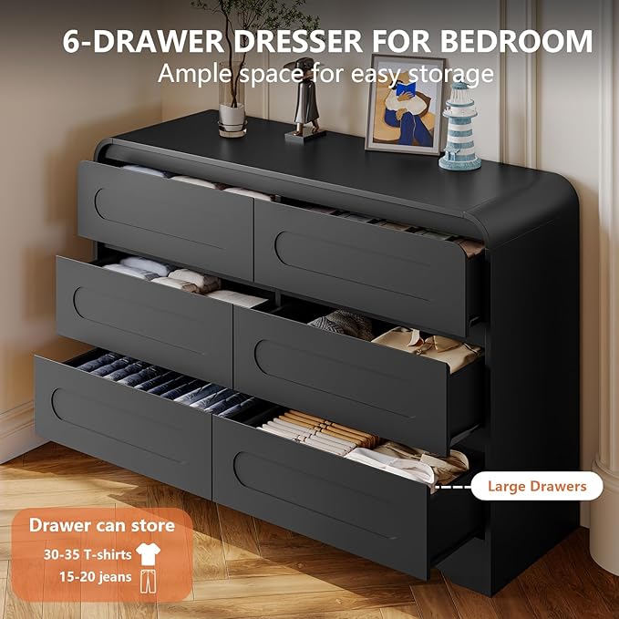 5 Piece Bedroom Sets, Modern Dresser and Nightstand Sets & Bookshelf with Safe Curved Design, Including Tall Bookshelf High & Wide 6 Drawer Dressers and Night Stand Set of 2 for Bedroom, Black