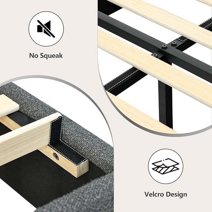 Queen Bed Frame, Boucle Upholstered Platform Bed Frame with Headboard, Grey Bed Frame, Soft Rounded Corners, No Box Spring Required, Easy Assembly