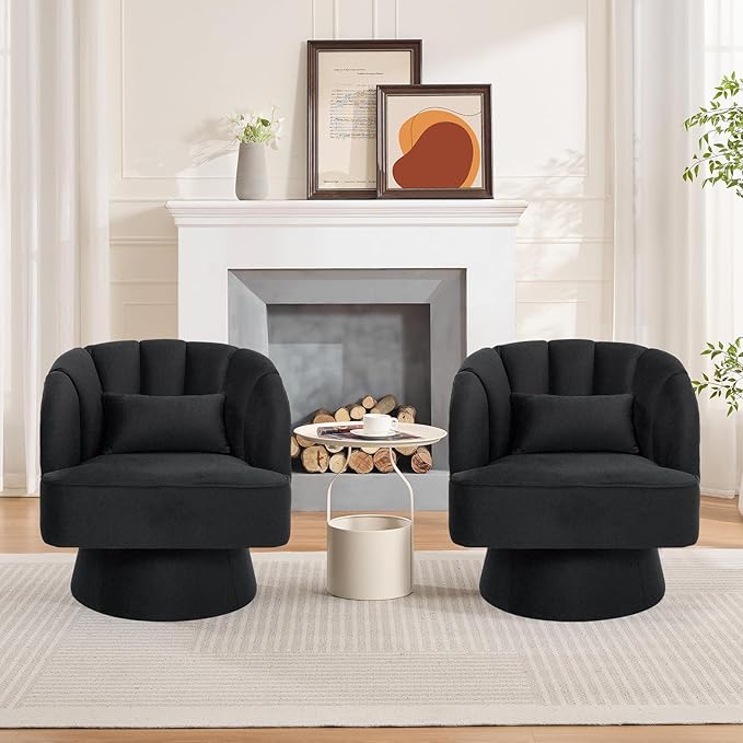 GarveeHome Modern Swivel Barrel Accent Chair, 360 Degree Velvet Upholstered Armchair with Striped Backrest & Plush Padding, Comfy Round Lounge Chair for Living Room, Bedroom, Reading Nook, Black
