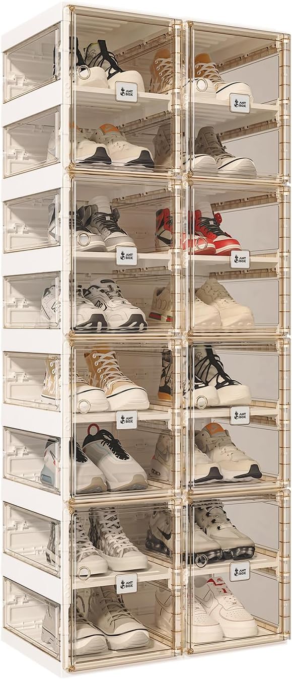 ANTBOX Foldable Shoe Rack,Shoe Organizers for Closet Plastic Shoe Storage Box for Entryway,Living Room,Large Sturdy Stackable Sneaker Cabinet Bins with Magnetic Clear Door 8 Tiers 16 Pairs