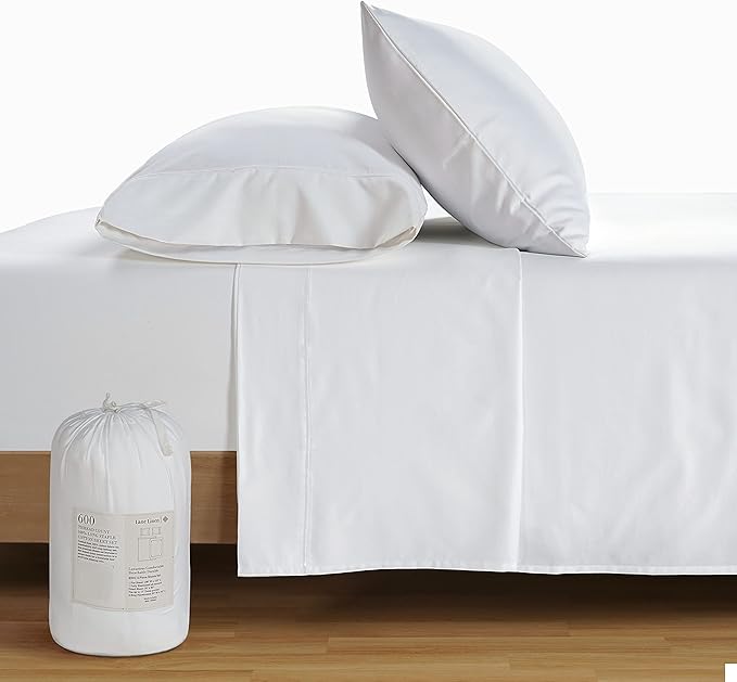 LANE LINEN 600 Thread Count 100% Cotton White Twin XL Sheets Set, Soft & Comfy Bedding Set Perfect for Hospital Beds, Mercerized Cotton, Fully Elasticized Silky Soft Cotton White Sheets Twin XL