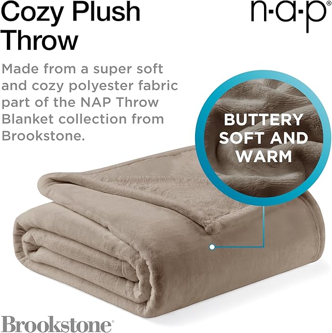 Brookstone Nap Plush Throw Blanket for Couch | Warm & Super Soft Blanket with Unmatched Heavy, Dense, and Ultra-Comfy Throw | Luxurious Drape, Cozying Up on a Sofa, Chair | Taupe