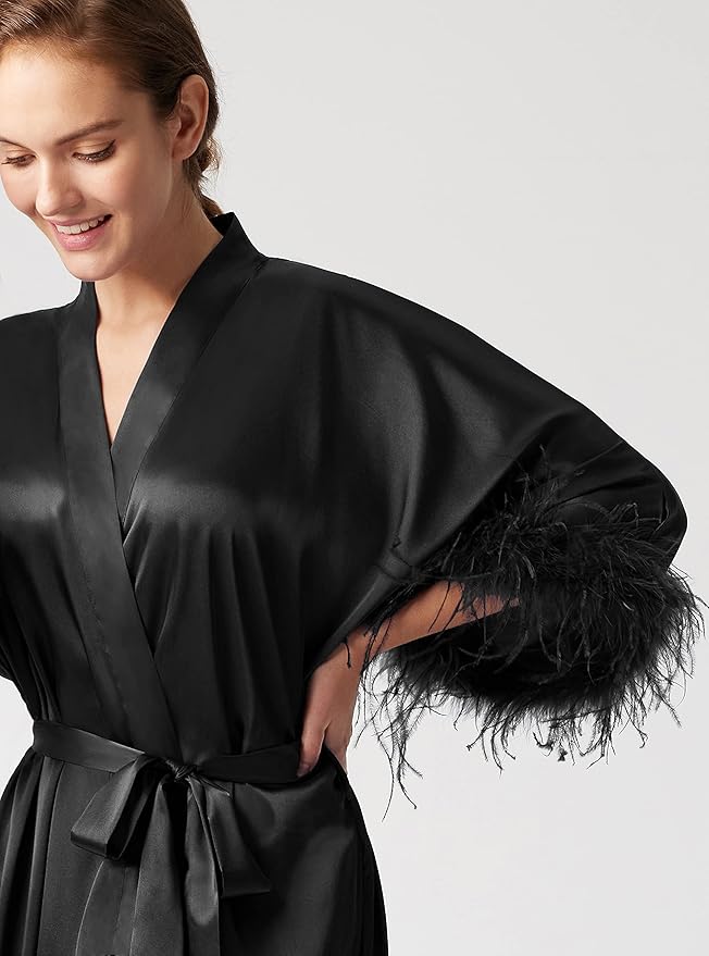 PRODESIGN Satin Kimono Robe Long Silky Bathrobe with Ostrich Feather Trim Sleepwear Wedding Bridesmaid Dressing Gown