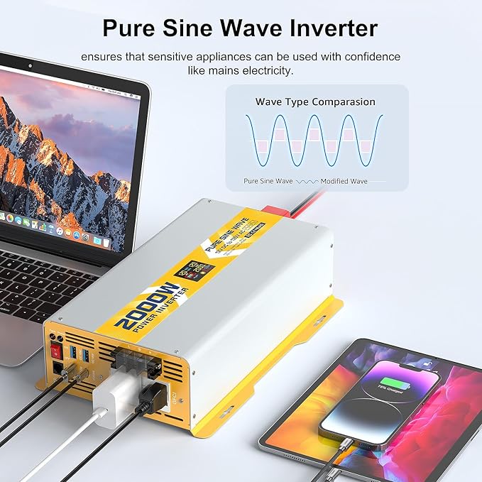 XWJNE 2000W Pure Sine Wave Power Inverter 12V DC to 120V GFCI AC Converter with LCD Display and Remote for Home, RV, Truck, Off-Grid Solar Power