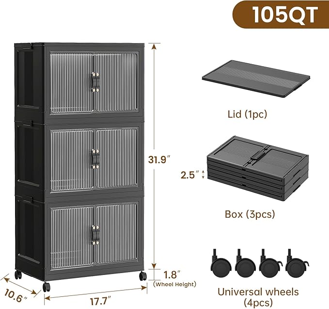 SAILUN 26Gal/105Qt Stackable Storage Bins Folding Collapsible Storage Bins with Lid, Closet Organizers and Storage Box with Door Black 18" W x 11" D x 32" H