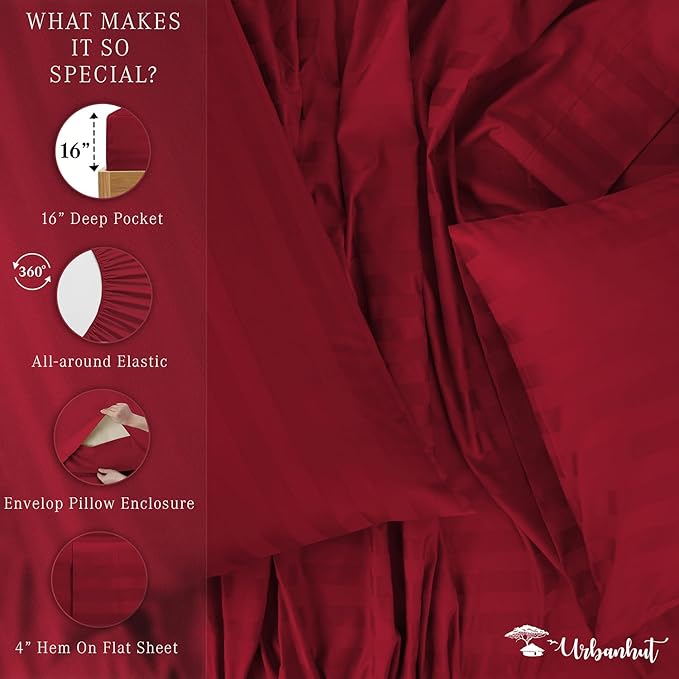 URBANHUT 800 Thread Count 100% Cotton Damask Full Size Sheets, 4 Piece Striped Full Size Bedsheets, Luxury Hotel Sheets Sateen Weave - Better Than Egyptian, 16" Elasticized Deep Pocket- Burgundy