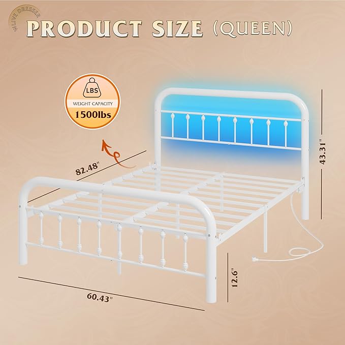 WLIVE Metal Platform Bed Frame, Queen Bed Frame with Headboard, Bed Frames with LED Lights and Charging Station, 1500LBS Mattress Foundation, Under Bed Storage, No Box Spring Needed, White