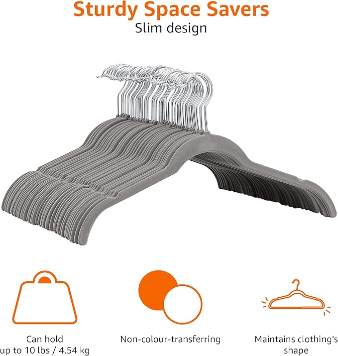 Amazon Basics Slim, Velvet, Non-Slip Shirt Clothes Hangers, Gray/Silver - Pack of 30