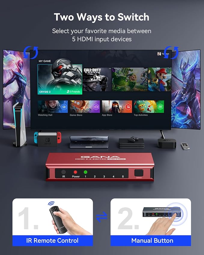 HDMI Switch 5 in 1 Out 4K@60Hz, GANA HDMI Splitter Switcher with Remote, Aluminum HDMI 2.0 Switch Box Hub for 3D, HDCP2.2, HDR, Compatible with Xbox, PS5/4/3,Fire Stick,Roku,Blu-Ray Player, Red