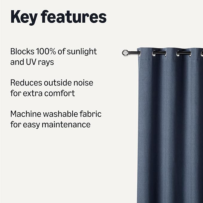 Amazon Basics 100% Blackout Curtains with Grommets, 2 Panels, 52 x 84 Inches, Navy