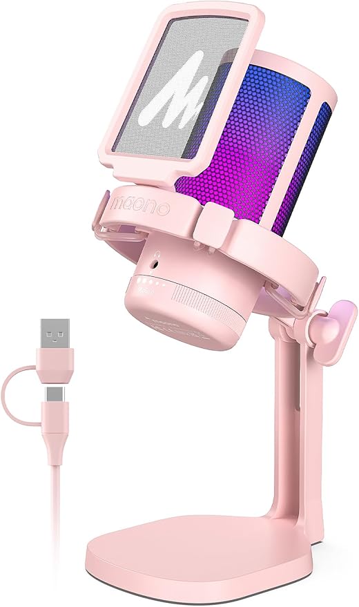 MAONO Gaming Microphone with Noise Cancellation, USB Condenser Mic for Streaming, Podcast, Twitch, YouTube, Discord, PC Desktop Computer Mic for PS5, GamerWave DGM20 Pink