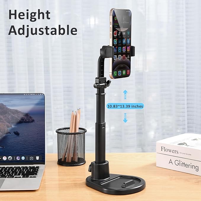 Phone Stand for Desk, Height Adjustable Cell Phone Holder for iPhone, 360 Degree Rotatable Office Phone Stand for Video Recording,Live Streaming,Compatible with All 4.7-7in Smartphones (T13-2)