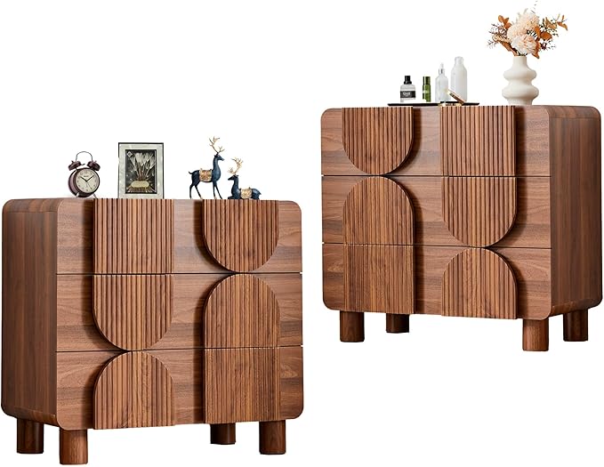 3 Drawer Dressers for Bedroom, 31.5" Wide Large Mid Century Modern Fluted Nightstand 2 Sets, Wood Dresser & Chest of Drawers with Curved Profile for Living Room, Entryway, Hallway Walnut
