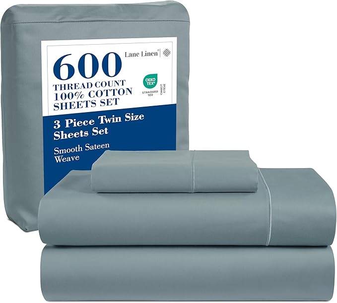 LANE LINEN 100% Cotton 600 Thread Count Twin Bed Sheets - Mercerized Cotton Fully Elasticized Sheets Twin Size, Ultra Soft & Comfy Sateen Weave Bedding Sheets & Pillowcases Sets - French Blue