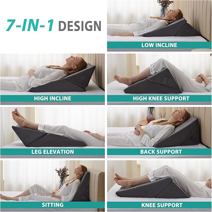 Bedluxe Wedge Pillow for Sleeping, Adjustable 9&12 Inch Foldable Bed Wedge Pillow Set, Orthopedic Memory Foam Triangle Pillows Wedge, 7-in-1 Elevated Pillows for Leg and Back Support, Velvet