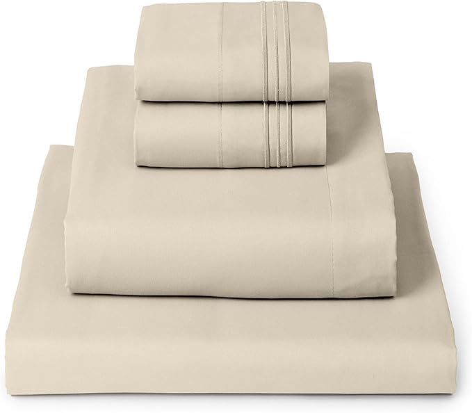 Mellanni Twin Sheet Set - 4-Piece Iconic Collection Bedding, (Including 2 Pillowcases), 16-Inch Deep Pocket, Easy Care, Extra Soft, Cooling Sheets, Brushed Microfiber - Beige