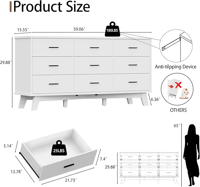 Dresser for Bedroom, 9 Drawer Wide Modern Chest of Drawers with X-Shaped Sturdy Base, Wood Double Dresser Closet Clothes Storage Organizer, Wooden TV Stand for Living Room, Hallway, White