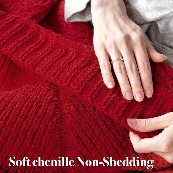 Amélie Home Chevron Chenille Knit Throw Blanket for Couch, Cozy Texture Decorative Soft Blanket for Sofa & Chair, 50"x60", Christmas Red
