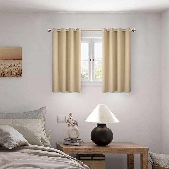 BGment Short 100% Blackout Curtains for Bedroom, Thermal Insulated Energy Efficiency Noise Reducing Grommet Curtains 45 Inch Length with Liner for Small Window 2 Panels Each 52 Inch Wide, Beige