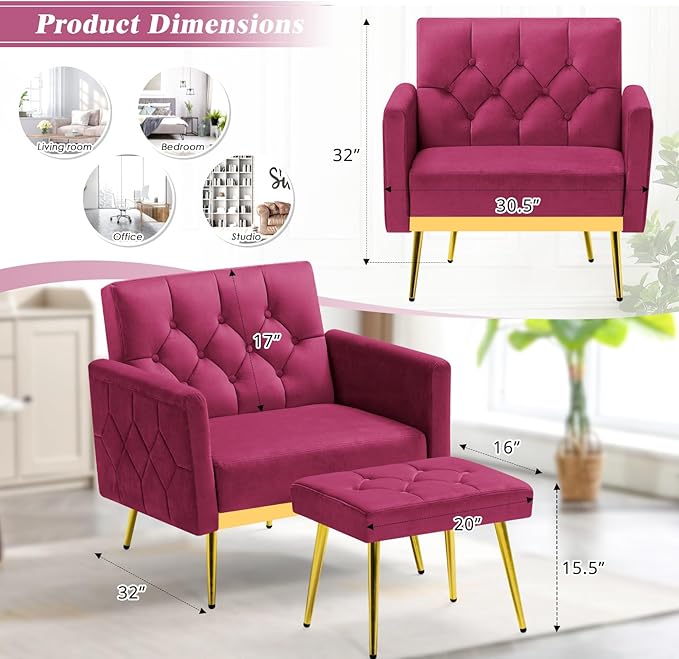 Velvet Accent Chair w/Adjustable Armrests and Backrests, Tufted Single Sofa with Ottoman, Upholstered Reading Chiar for Living Room, Apartment, Bedroom, Fuchsia
