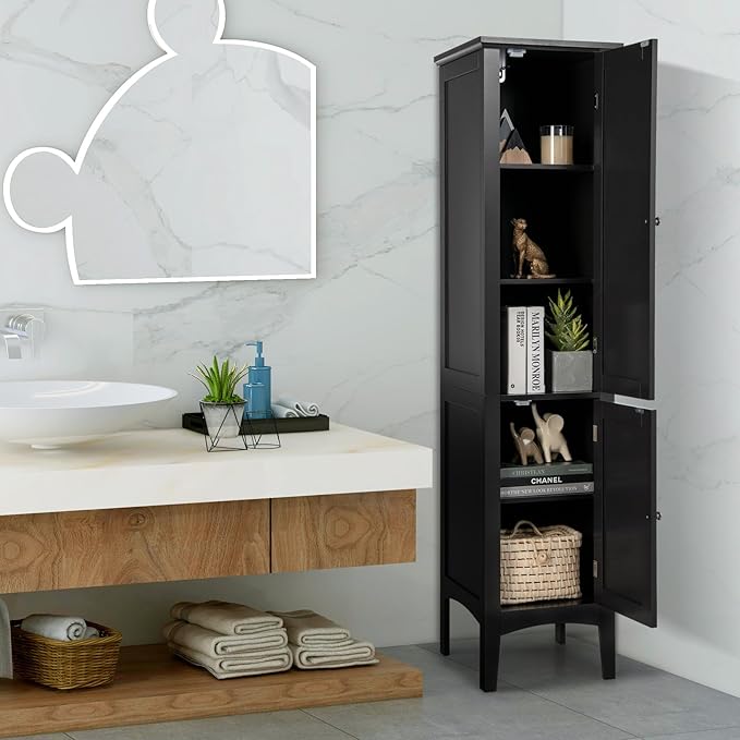 COSTWAY Tall Bathroom Storage Cabinet, 5-Tier Freestanding Linen Tower Cabinet with 2 Doors, Wooden Side Storage Organizer, Narrow Slim Floor Cabinet for Bathroom, Living Room, Kitchen (Black)