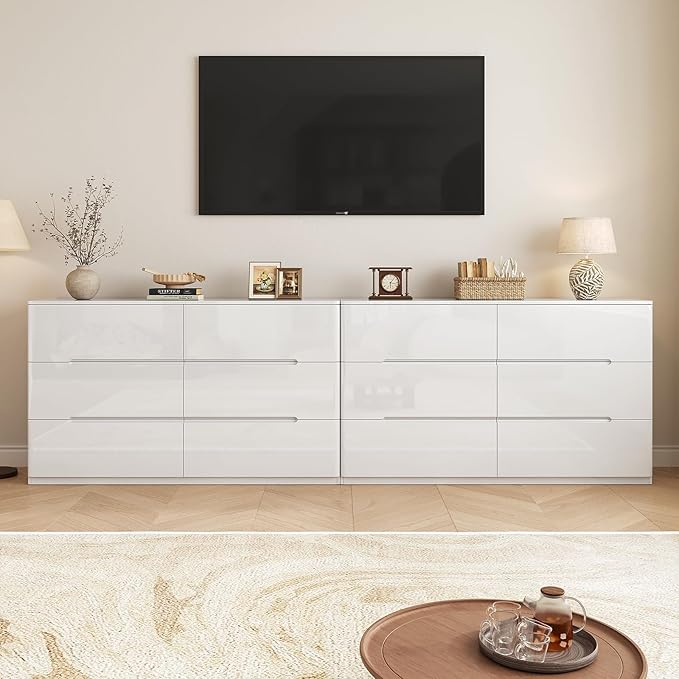 White Wood Dresser, 6 Drawer Dressers for Clothes Storage for Bedroom, Modern Dresser with Wide Drawers, Wide Wooden Chest Drawers for Living Room, Entryway, TV Stand