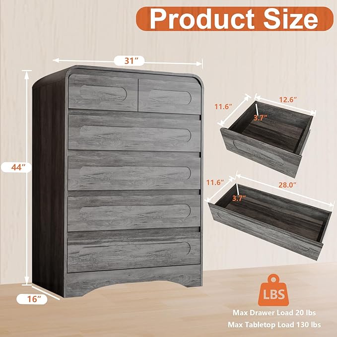 3 Piece Bedroom Set, Dresser and Nightstand Sets for Bedroom, Wood 6 Drawer Dresser & Night Stand Set of 2, Tall Chest of Drawers Modern Storage Cabinet Bedroom Furniture Set, Grey