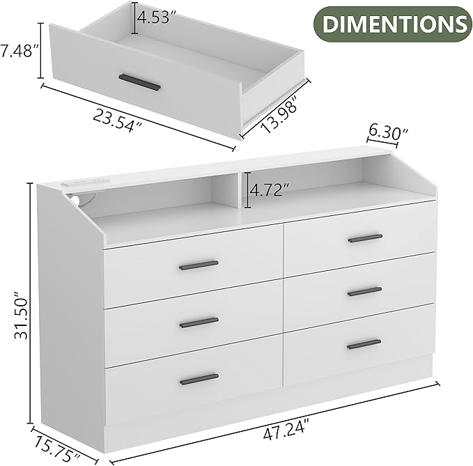 6 Drawer Dresser with Power Outlet, Chest of Drawers with LED Light, Modern Dresser with Open Storage Cubby, Double Wide Dressers Organizer for Bedroom, Living Room, Entryway, Hallway