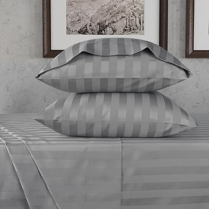 URBANHUT 800 Thread Count 100% Cotton Damask Twin Size Sheets, 4 Piece Striped Twin Size Bedsheets, Luxury Hotel Sheets Sateen Weave - Better Than Egyptian, 14" Elasticized Deep Pocket- Dark Grey