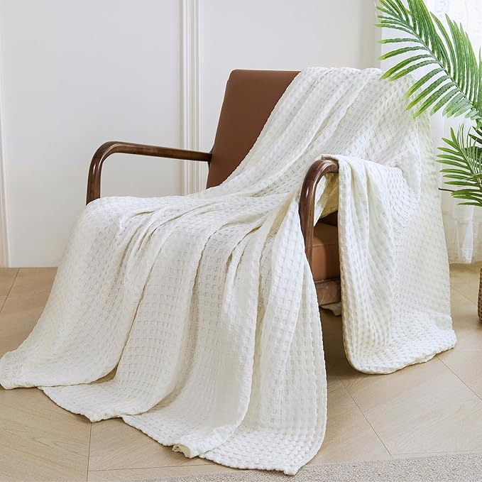 Aganear Waffle Blanket - Lightweight Breathable Summer Blanket of 50% Cotton and 50% Rayon Derived from Bamboo for Hot Sleepers Luxury Throws for Bed, Couch and Sofa,White,66x90 Inches