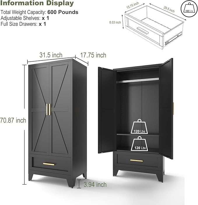 COFaR 71 Farmhouse Metal Wardrobe Closet with Hanging Rod, 2 Barn Doors, Adjustable Shelves, Steel Armoire with Drawer for Home, Bedroom Black
